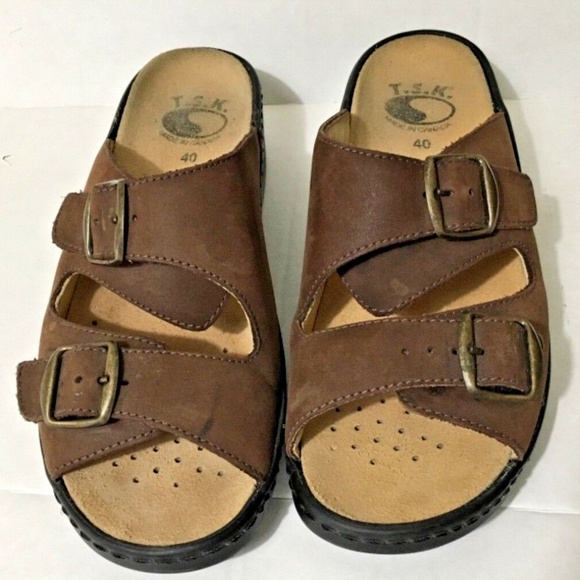 T.S.K. Sandals Size 8 1/2 Brown 2 Straps Mules - Picture 1 of 7